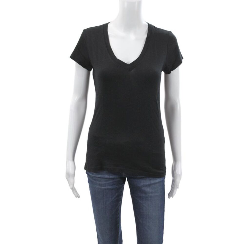 L'Agence Womens Black V-Neck Basic T-Shirt 100% Cotton Short Sleeve Size S